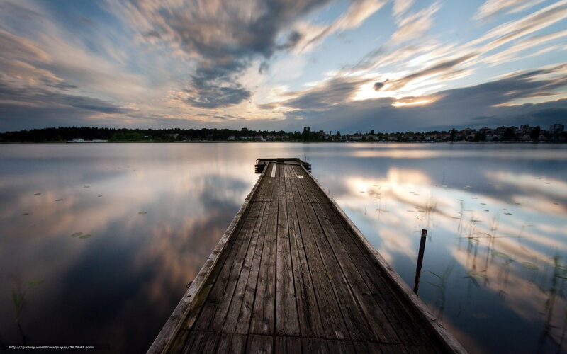 Wooden Dock on Lake — Blue, Serene, Sunset, Photograph, Sky, Clouds