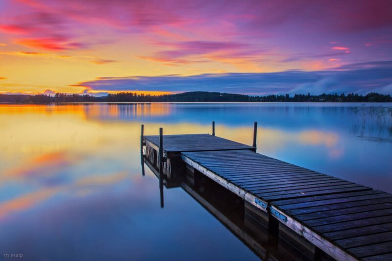 Wooden Dock on Lake — Blue, Serene, Sunset, Photograph, Sky