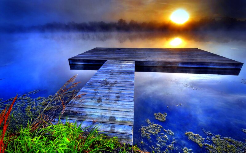 Wooden Dock on Lake — Blue, Serene, Sunset, Photograph, Sun