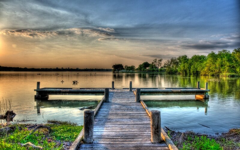 Wooden Dock on Lake — Blue, Serene, Sunset, Photograph