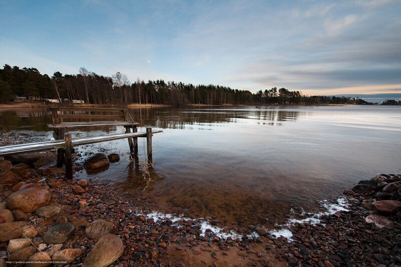 Wooden Dock on Lake — Blue, Serene, Sunset, Photograph, Trees, Rocks