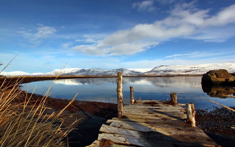Wooden Dock on Lake — Blue, Serene, Winter, Photograph, Mountains