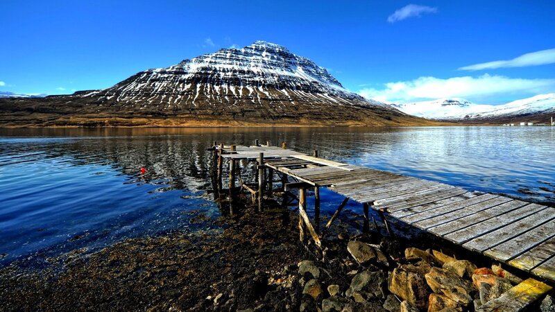 Wooden Dock on Lake — Blue, Serene, Winter, Photograph