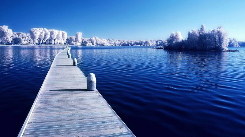 Wooden Dock on Lake — Blue, Serene, Winter, Photograph, Trees, Sky