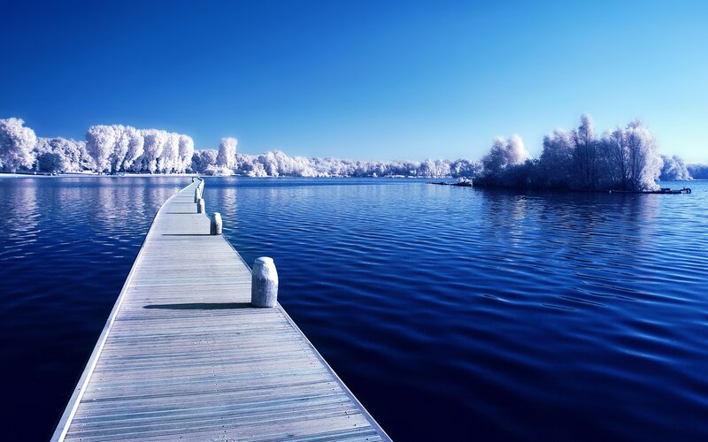 Wooden Dock on Lake — Blue, Serene, Winter, Photograph, Trees