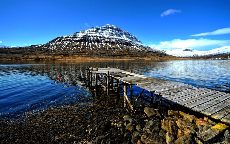 Wooden Dock on Lake — Blue, Serene, Winter