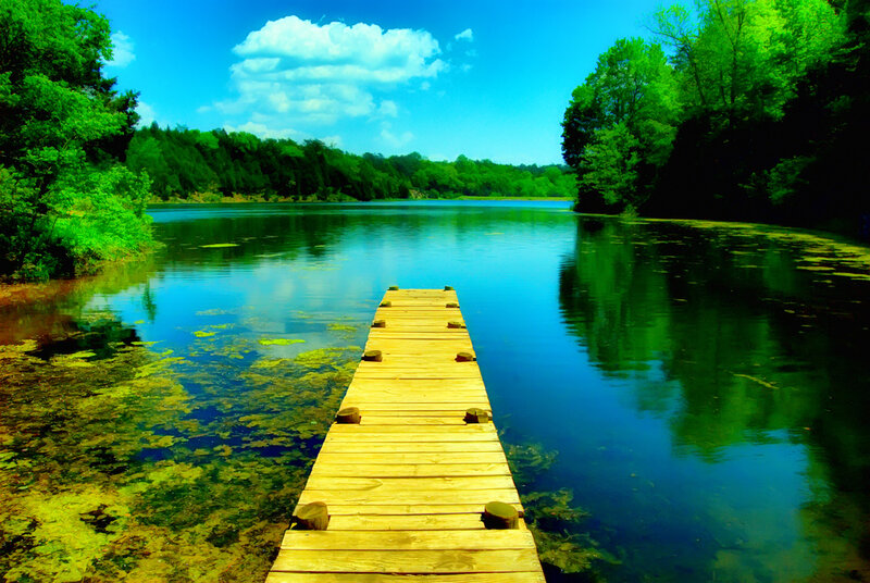 Wooden Dock on Lake — Blue