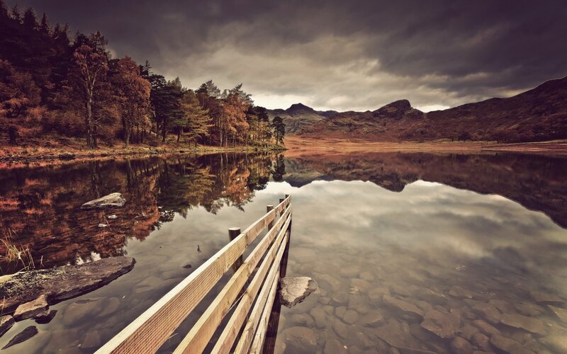 Wooden Dock on Lake — Brown, Dramatic, Autumn