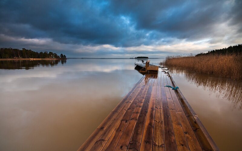 Wooden Dock on Lake — Brown, Dramatic, Sunset, Photograph