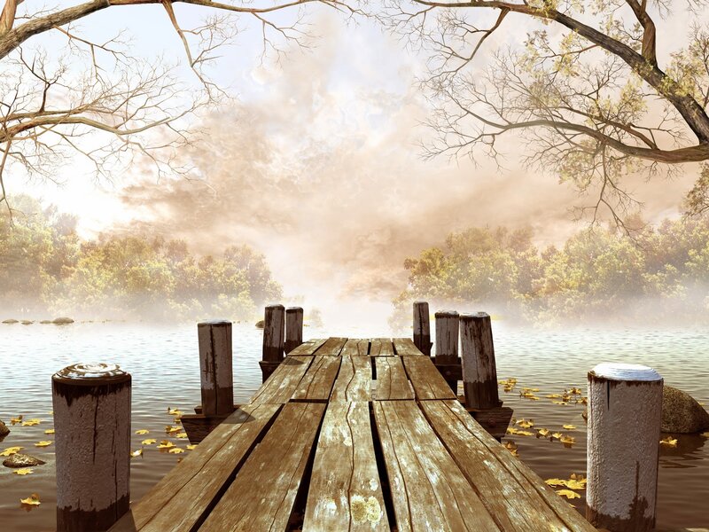 Wooden Dock on Lake — Brown, Serene, Morning, Digital Art