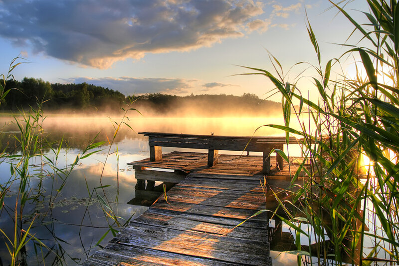 Wooden Dock on Lake — Brown, Serene, Sunrise