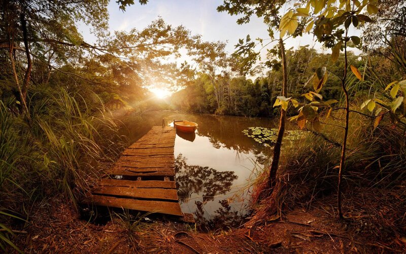 Wooden Dock on Lake — Brown, Serene, Sunset, Photograph