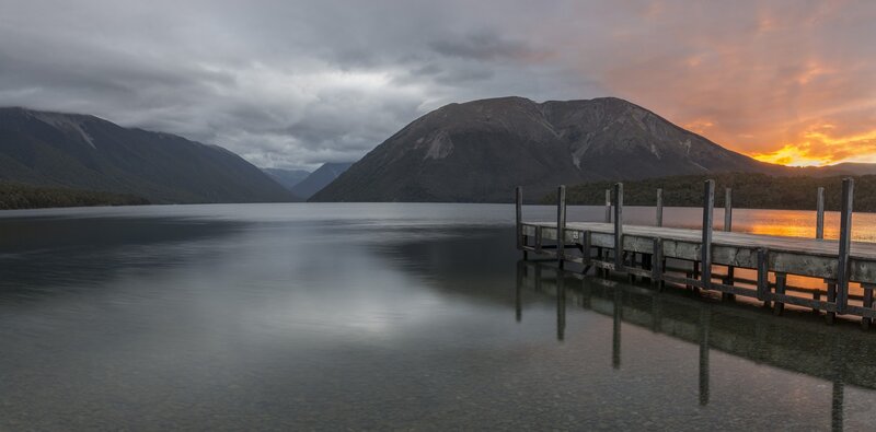 Wooden Dock on Lake — Gray, Serene, Sunset