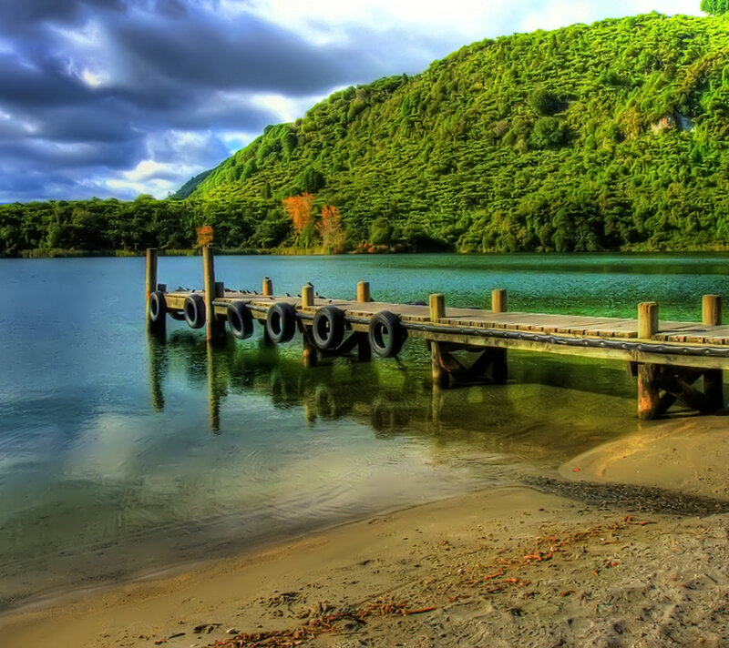 Wooden Dock on Lake — Green, Dramatic
