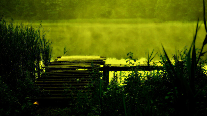 Wooden Dock on Lake — Green, Misty