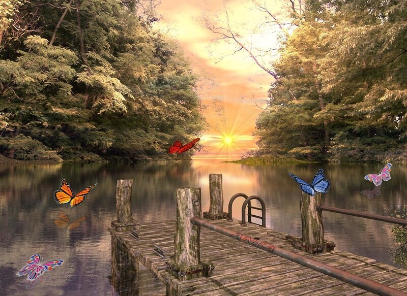 Wooden Dock on Lake — Green, Serene, Sunrise, Digital Art