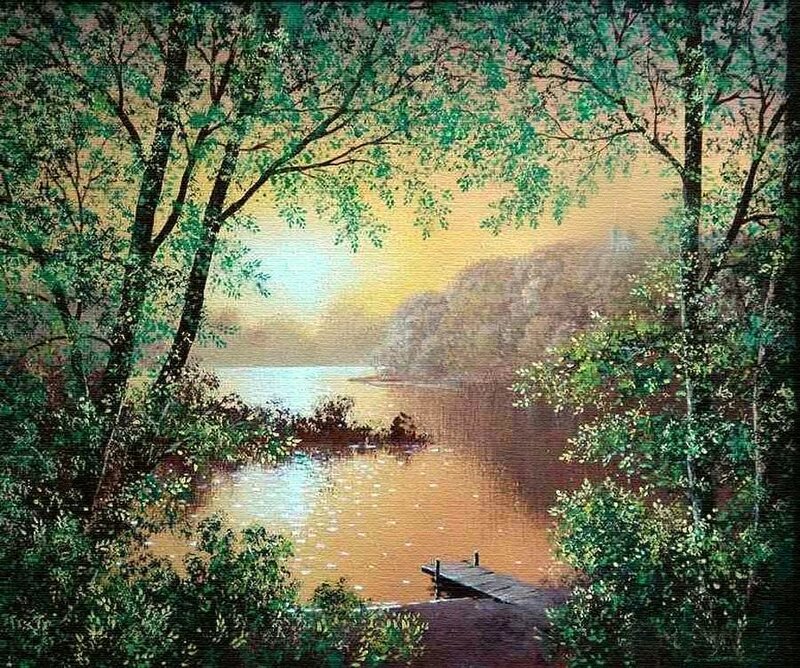 Wooden Dock on Lake — Green, Serene, Sunset