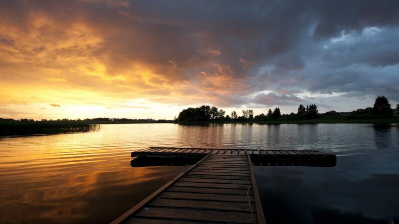 Wooden Dock on Lake — Orange, Dramatic, Sunset, Photograph