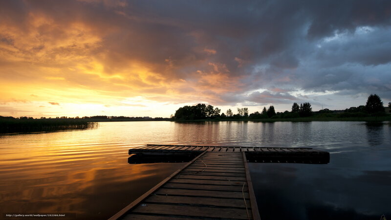 Wooden Dock on Lake — Orange, Dramatic, Sunset, Photograph, Trees