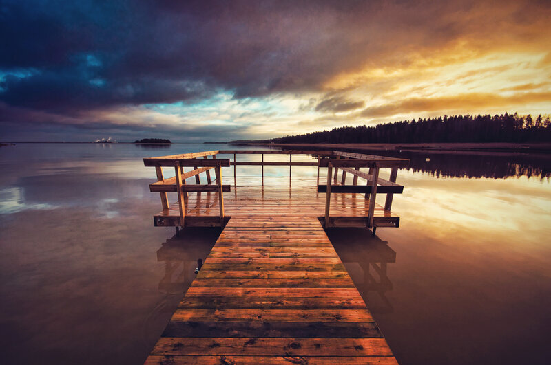 Wooden Dock on Lake — Orange, Dramatic, Sunset