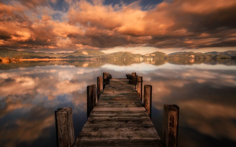 Wooden Dock on Lake — Orange, Dramatic
