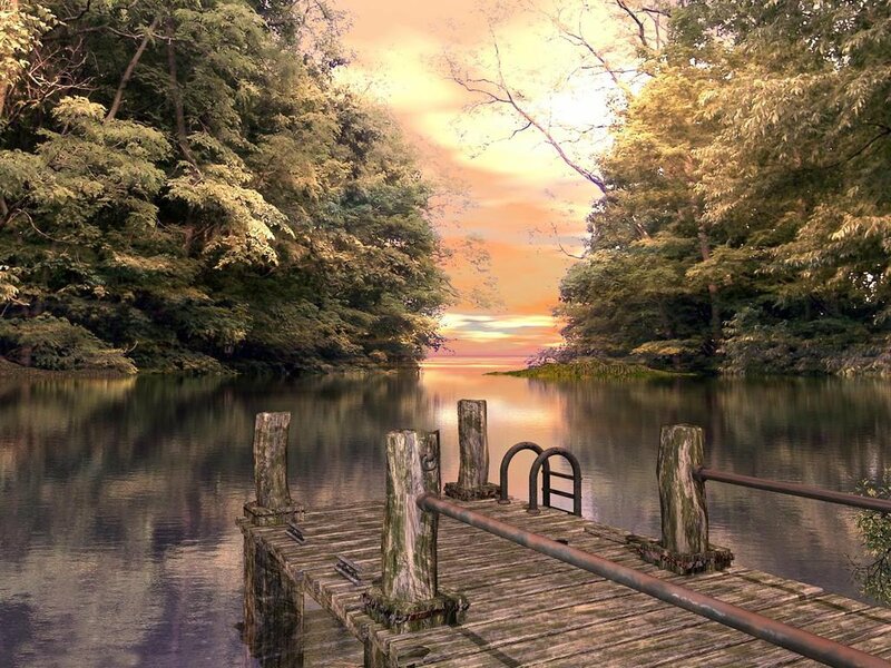 Wooden Dock on Lake — Orange, Serene, Sunset, Digital Art, Trees, Ladder