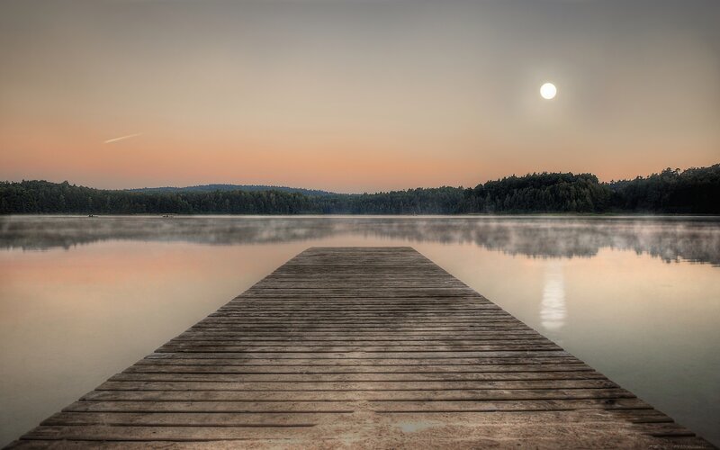 Wooden Dock on Lake — Orange, Serene, Sunset, Photograph, Moon