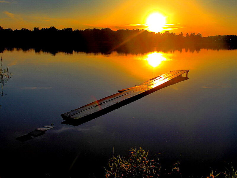 Wooden Dock on Lake — Orange, Serene, Sunset, Photograph, Sun