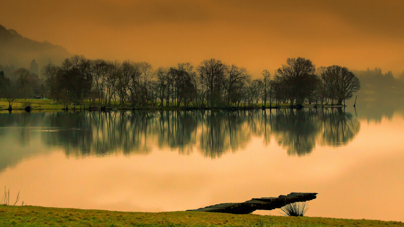Wooden Dock on Lake — Orange, Serene, Sunset, Photograph