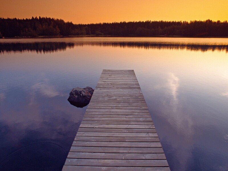 Wooden Dock on Lake — Orange, Serene, Sunset, Photograph, Trees
