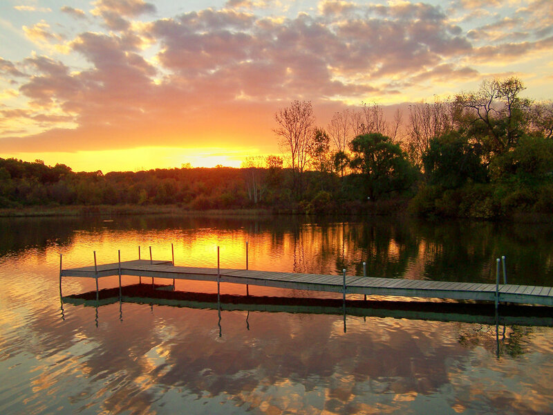 Wooden Dock on Lake — Orange, Serene, Sunset