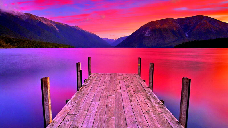 Wooden Dock on Lake — Pink, Dramatic