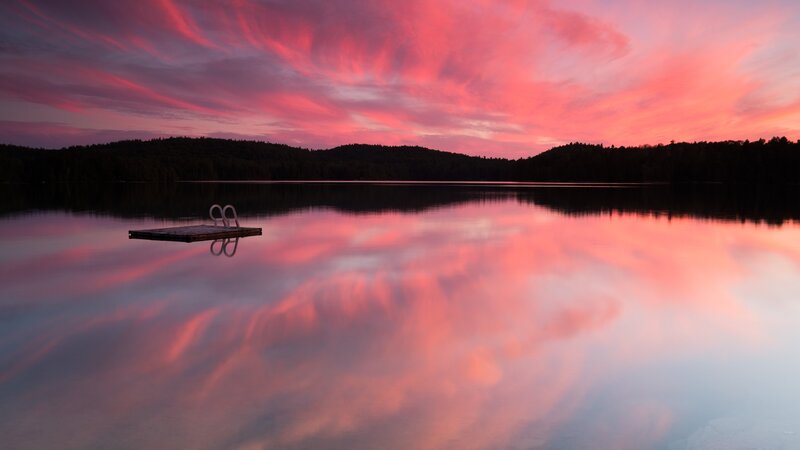 Wooden Dock on Lake — Pink, Serene, Sunset, Photograph, Ladder