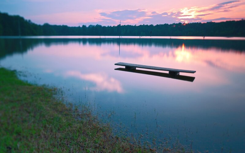Wooden Dock on Lake — Pink, Serene, Sunset, Photograph