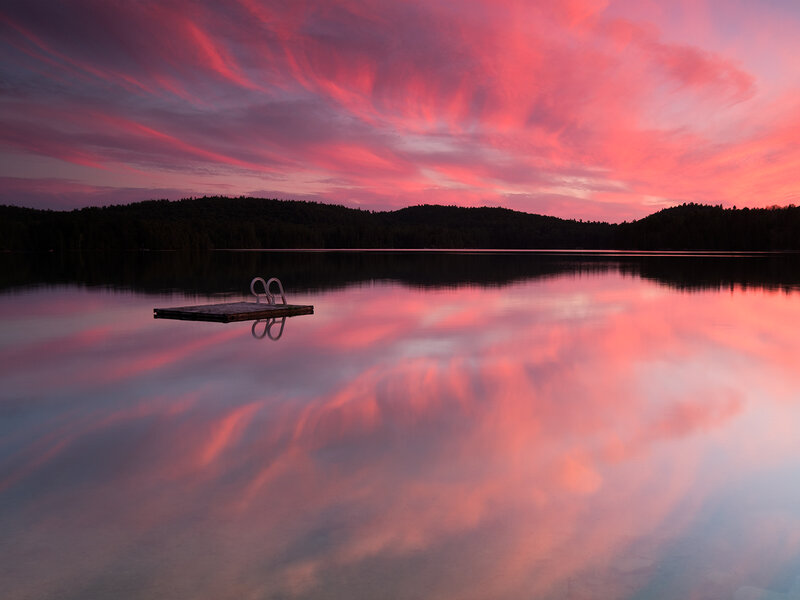 Wooden Dock on Lake — Pink, Serene, Sunset