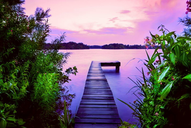 Wooden Dock on Lake — Purple, Serene, Sunset, Photograph