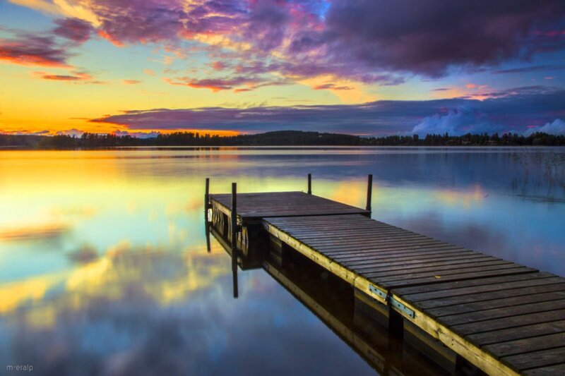 Wooden Dock on Lake — Purple, Serene, Sunset