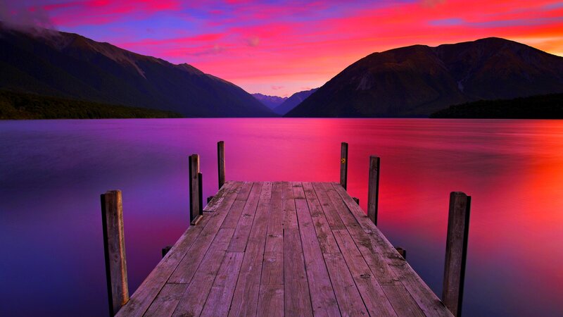 Wooden Dock on Lake — Purple, Serene