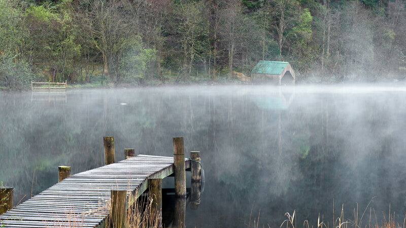 Wooden Dock on Misty Lake — Gray