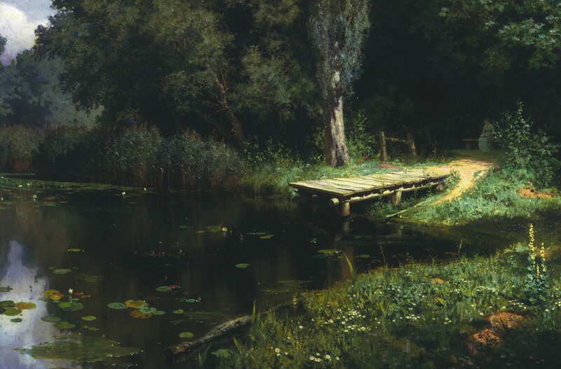 Wooden Dock on Pond — Green, Serene, Afternoon, Painting, Lily Pads