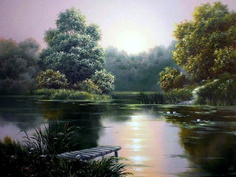 Wooden Dock on Pond — Green, Serene