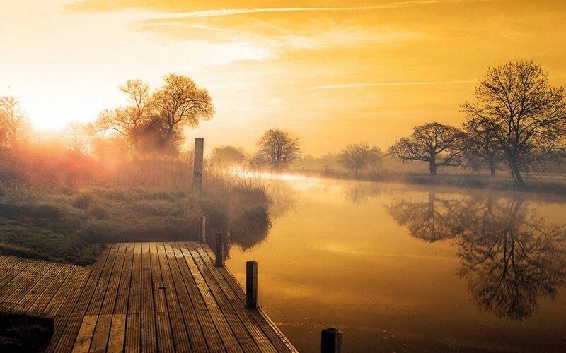 Wooden Dock on River — Gold