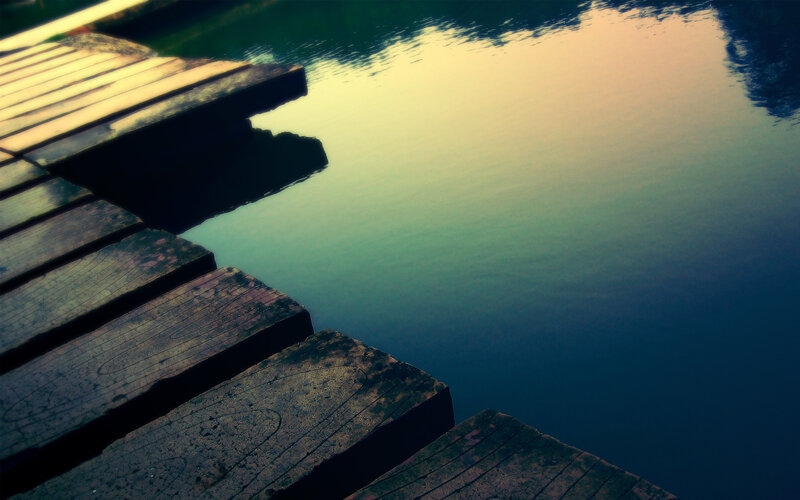 Wooden Dock on Water — Blue, Serene, Sunset