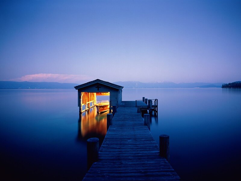 Wooden Dock with Boathouse — Blue, Serene, Night, Photograph