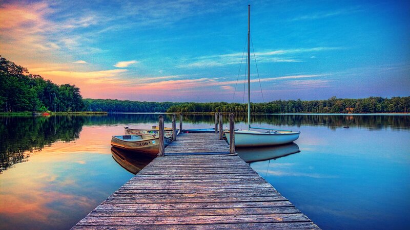 Wooden Dock with Boats — Blue, Serene