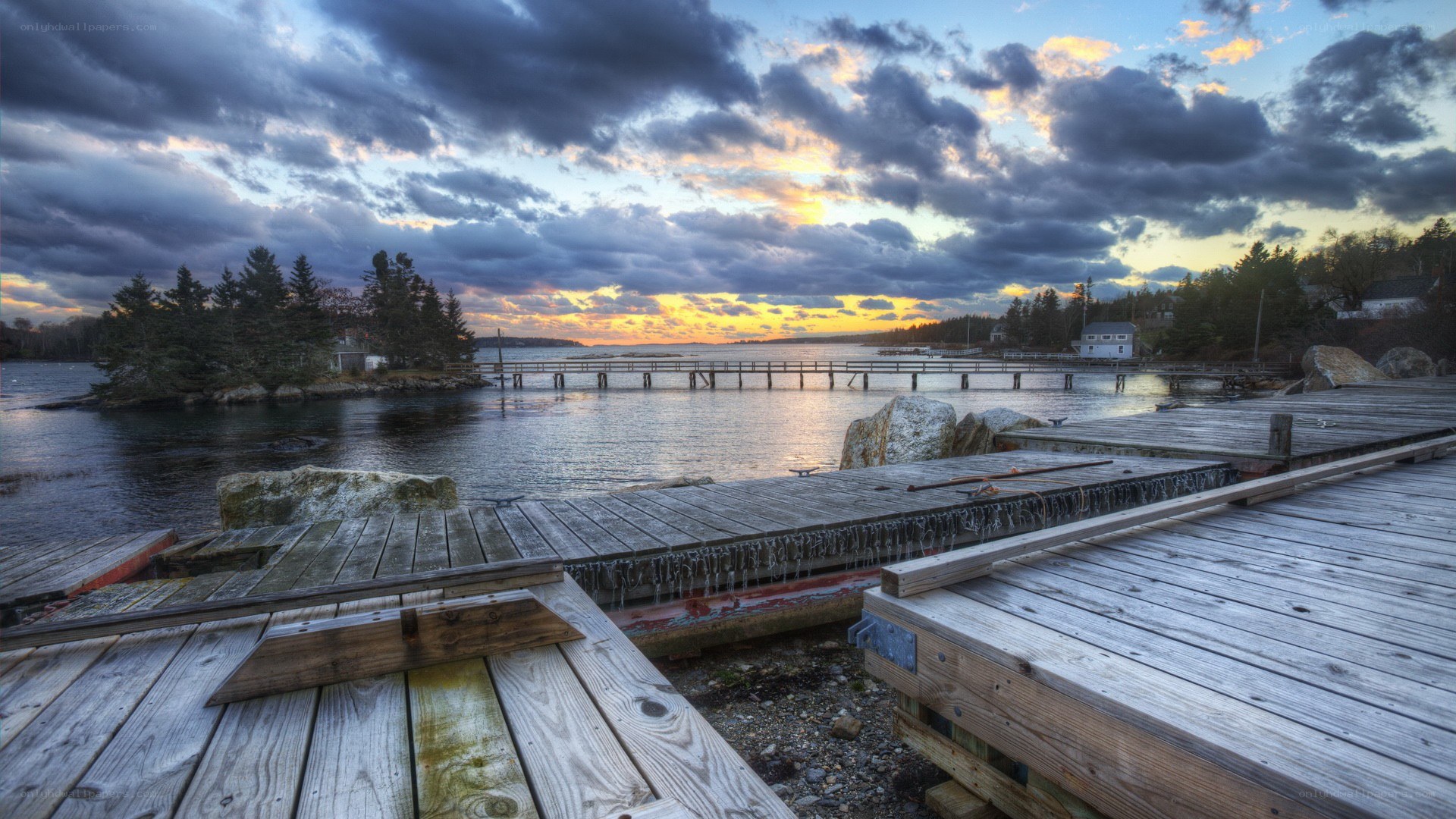 Wooden docks at sunset