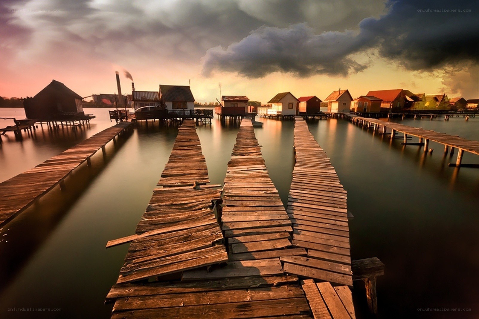 Wooden docks at sunset