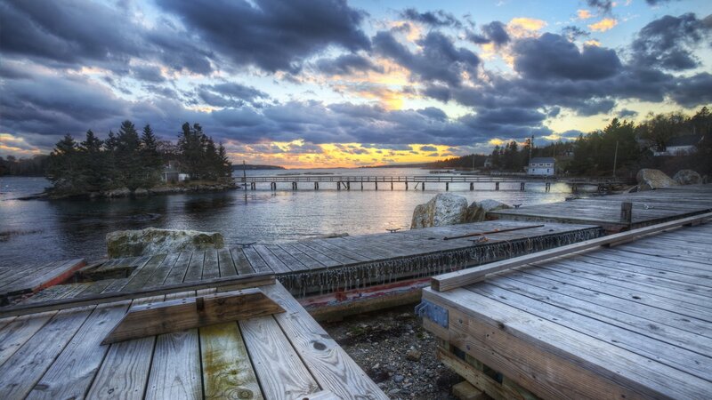Wooden Docks at Sunset — Blue, Dramatic, Photograph