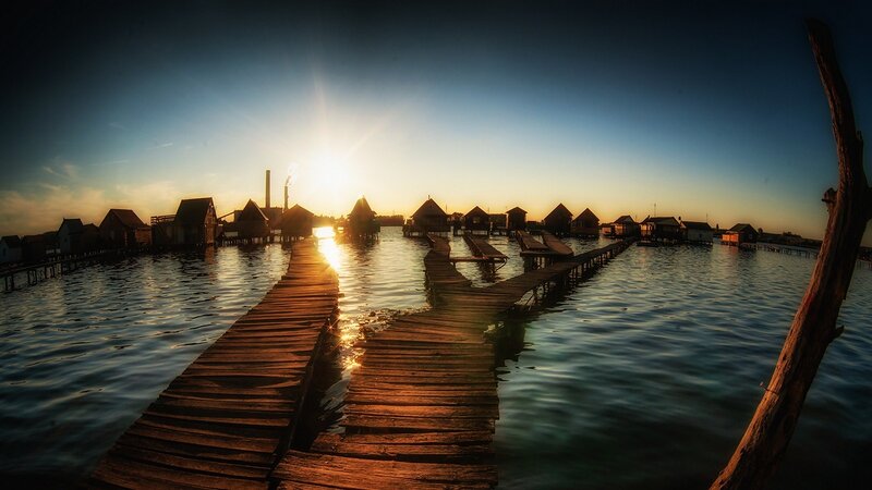 Wooden Docks at Sunset — Blue, Serene