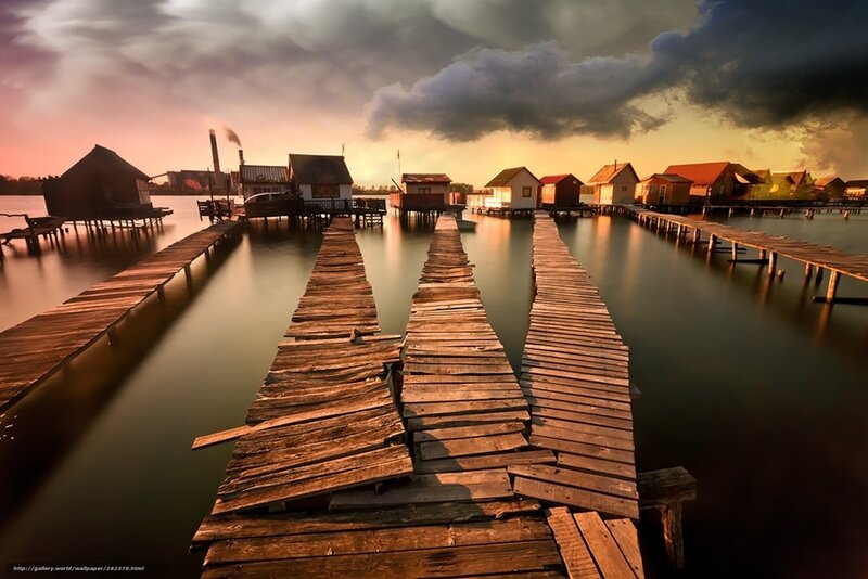 Wooden docks at sunset